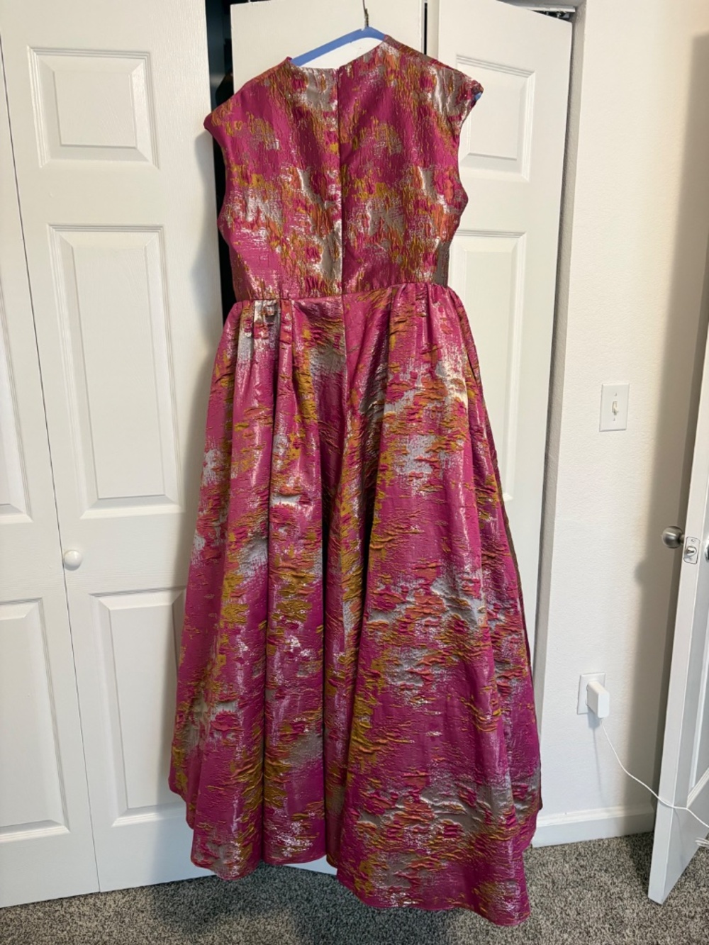 Mac Duggal Pink Metallic Jacquard Ball Gown with Mandarin Collar - Picture 2 of 5